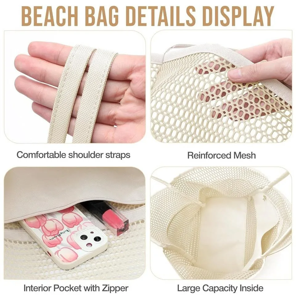 Mesh Beach Bag Tote Large Foldable Swimming Bag Pockets image indicator(8)