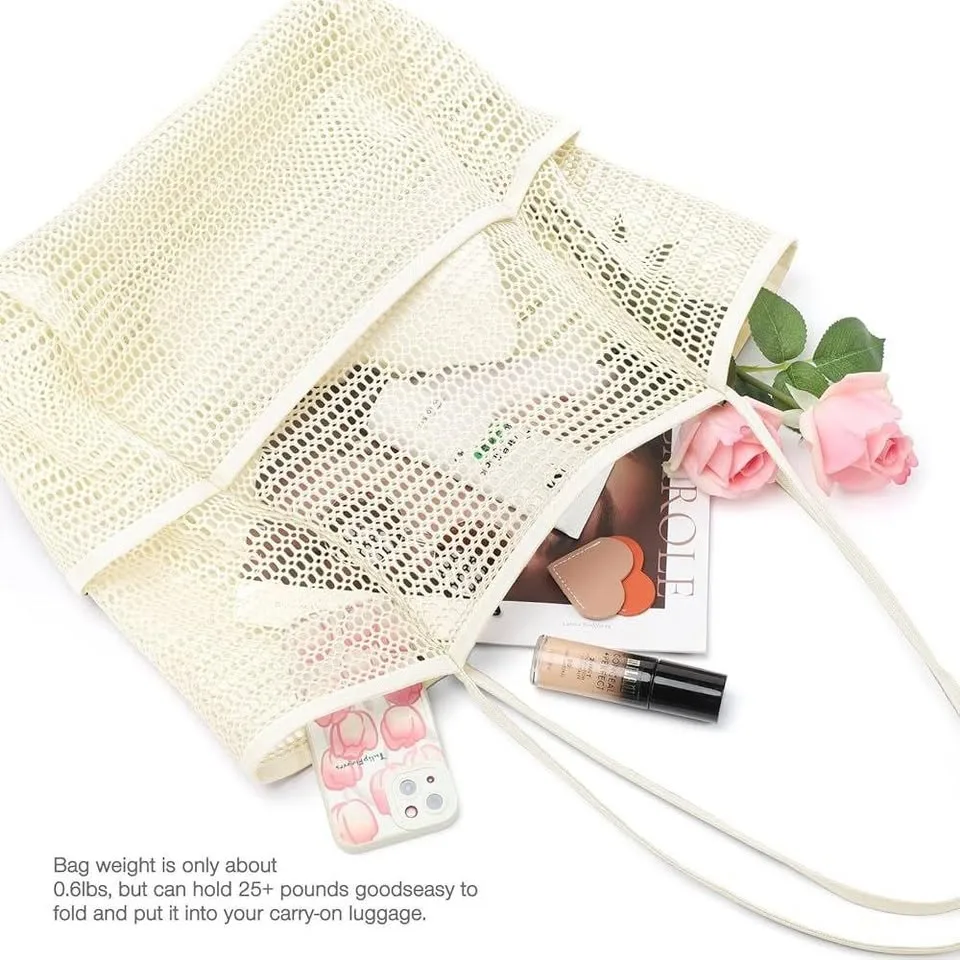 Mesh Beach Bag Tote Large Foldable Swimming Bag Pockets image indicator(10)