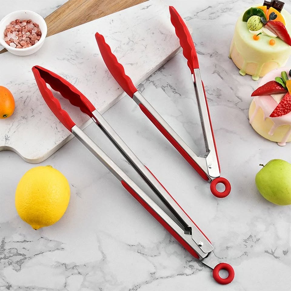 Kitchen Tongs Set – 2 Pack - Stainless Steel - RED