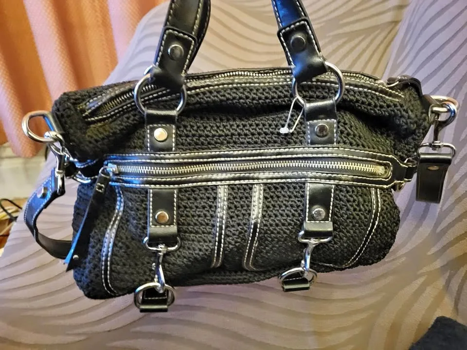 The Sak Black Crochet & Leather Handbag thumbnail