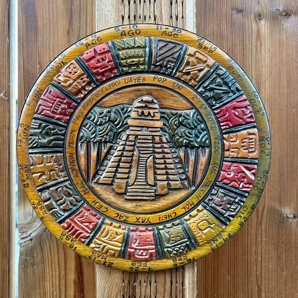 Vintage Mexican Mayan Calendar Carved Wood Wall Plaque 8” thumbnail