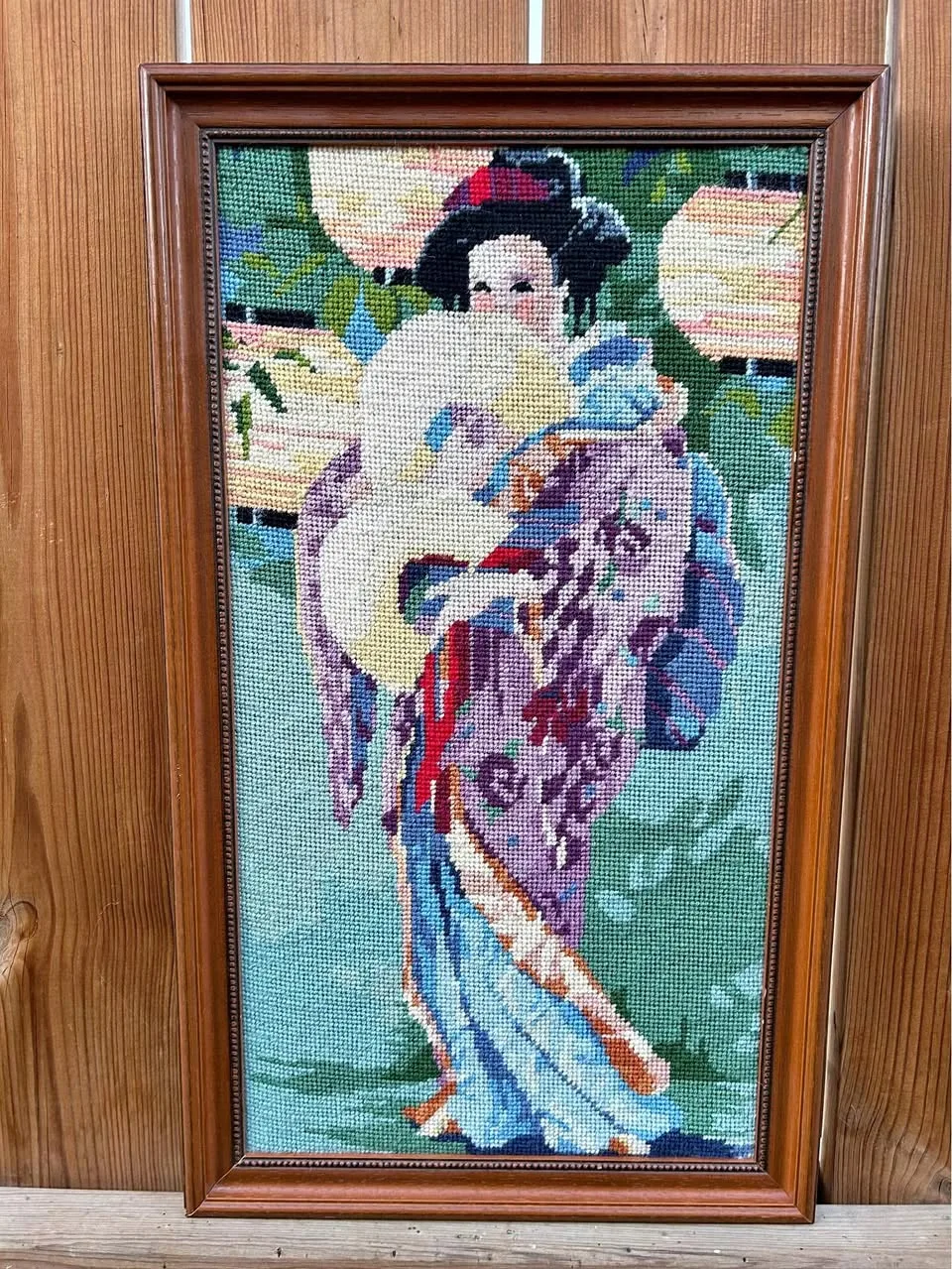 Vintage Framed Needlepoint Tapestry “Japanese Geisha with Fan” thumbnail