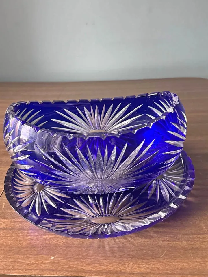 Vintage Cobalt Crystal Oval Bowl and Plate thumbnail