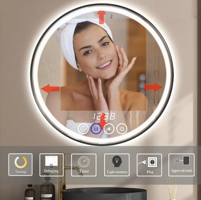 Round LED Bathroom Mirror with Lights (Black, 26" x 26") image indicator(2)