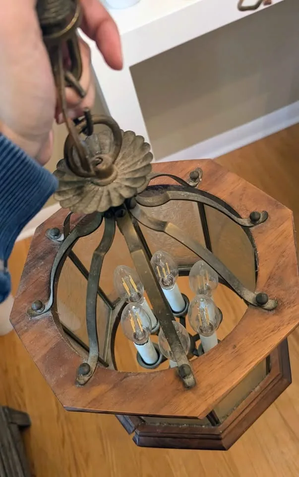 🕯 Vintage 6-Light Brass & Wood Hexagonal Hanging Lantern image indicator(6)