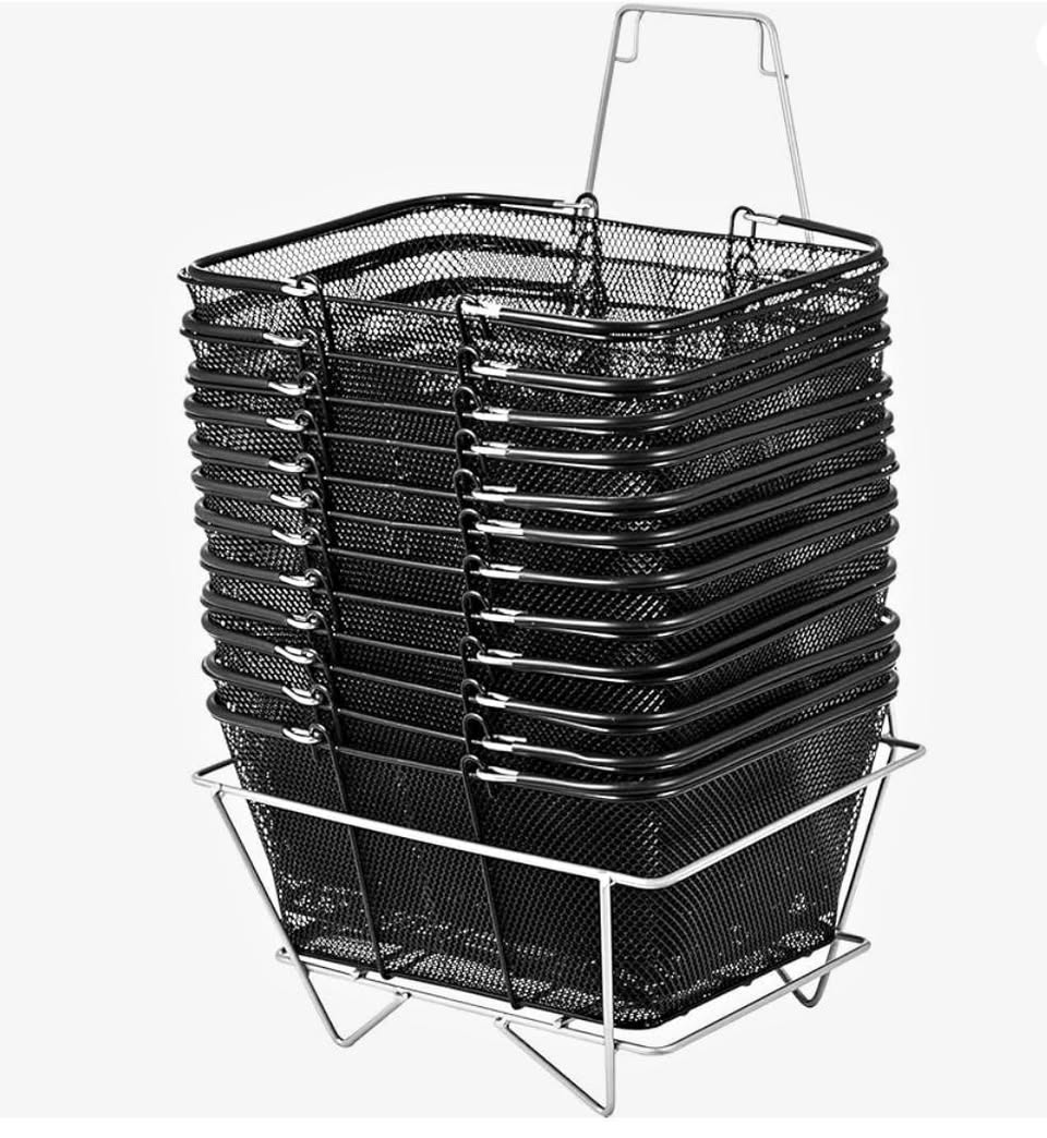 12 Black Metal Wire Shopping Baskets with Stand