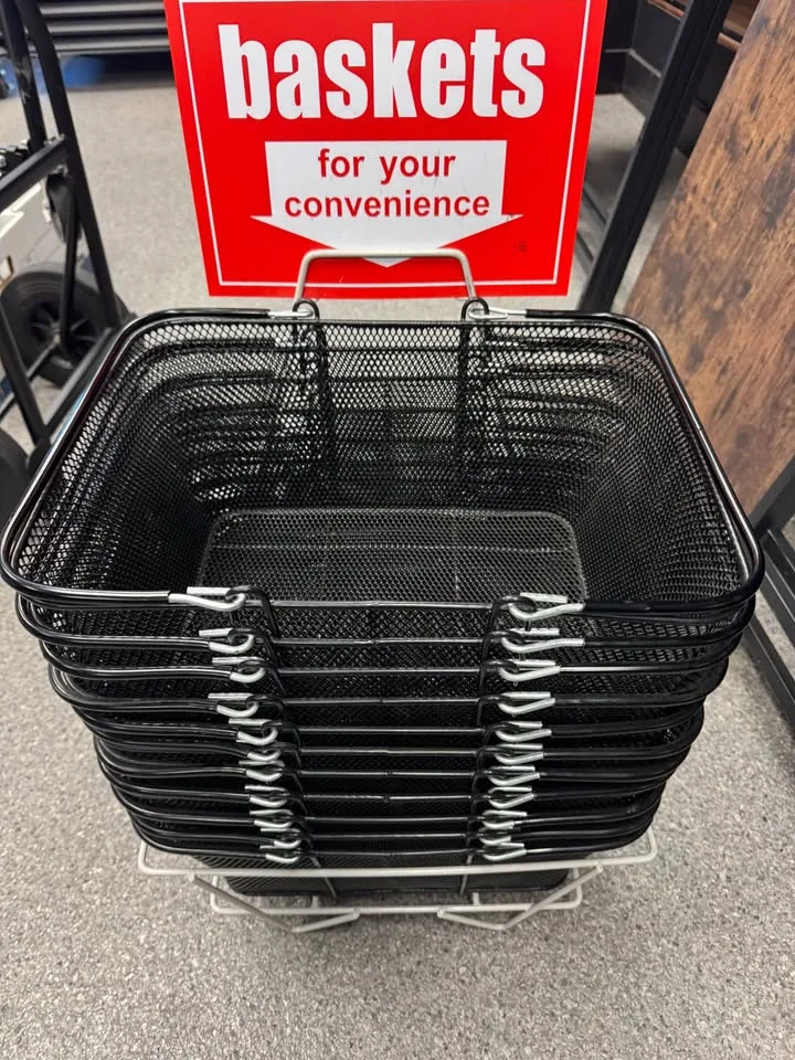 12 Black Metal Wire Shopping Baskets with Stand image indicator(4)