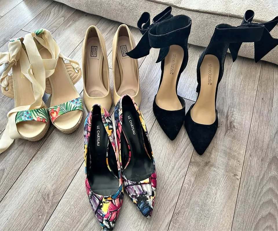 4 pairs of size 8 heels, gently used indoors, espadrille