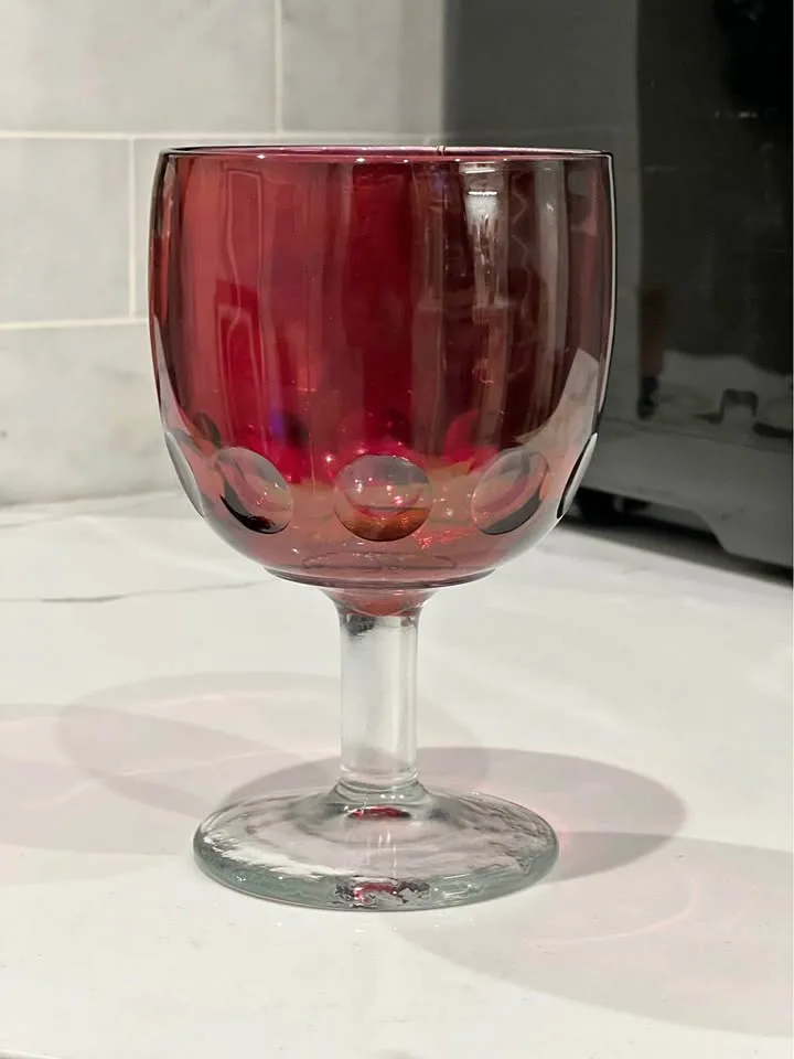 Vintage Bartlett Collins cranberry red thumbprint goblet thumbnail