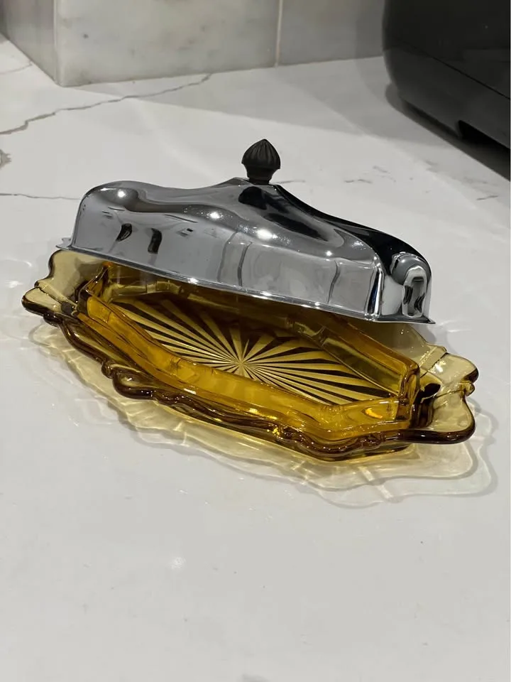 Vintage Amber Glass Butter Dish Starburst Art Deco MCM image indicator(2)