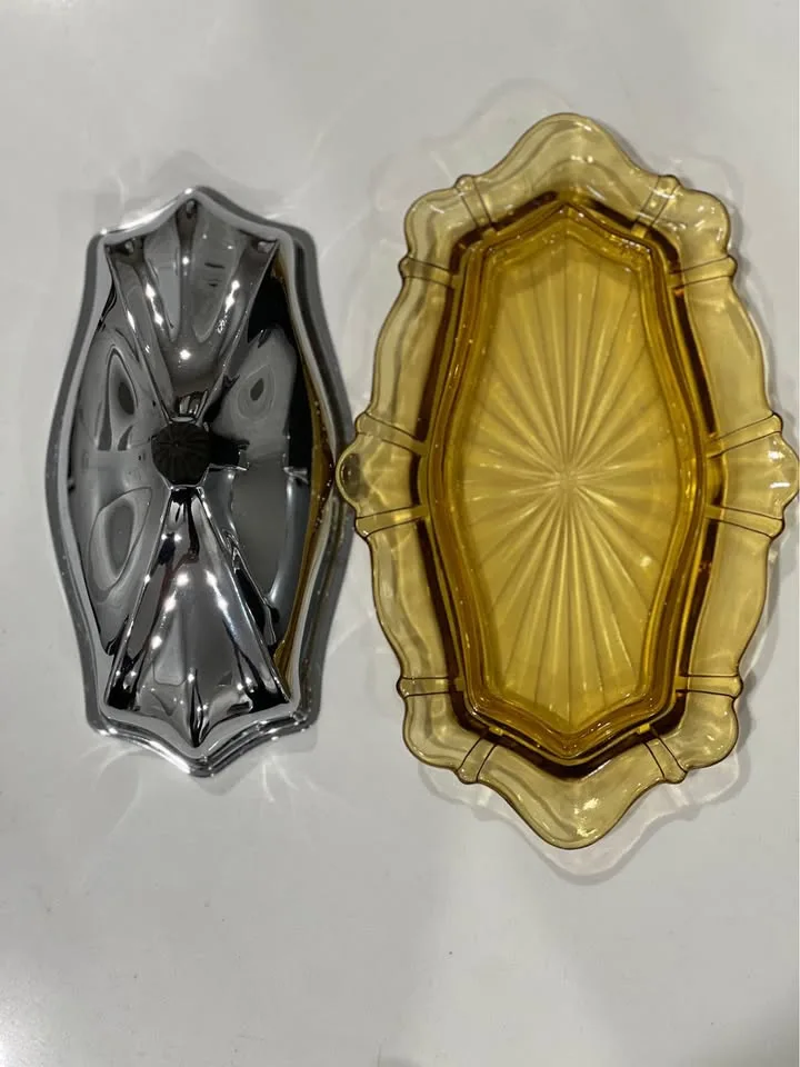 Vintage Amber Glass Butter Dish Starburst Art Deco MCM image indicator(5)