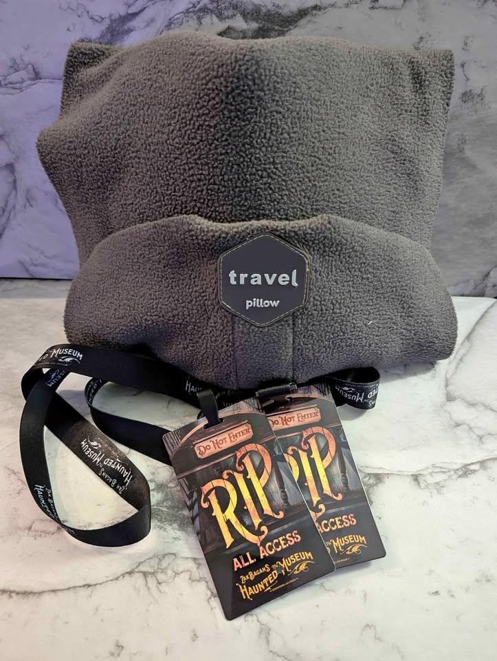 Free travel pillow, lanyards, condiment bottle, cork coasters