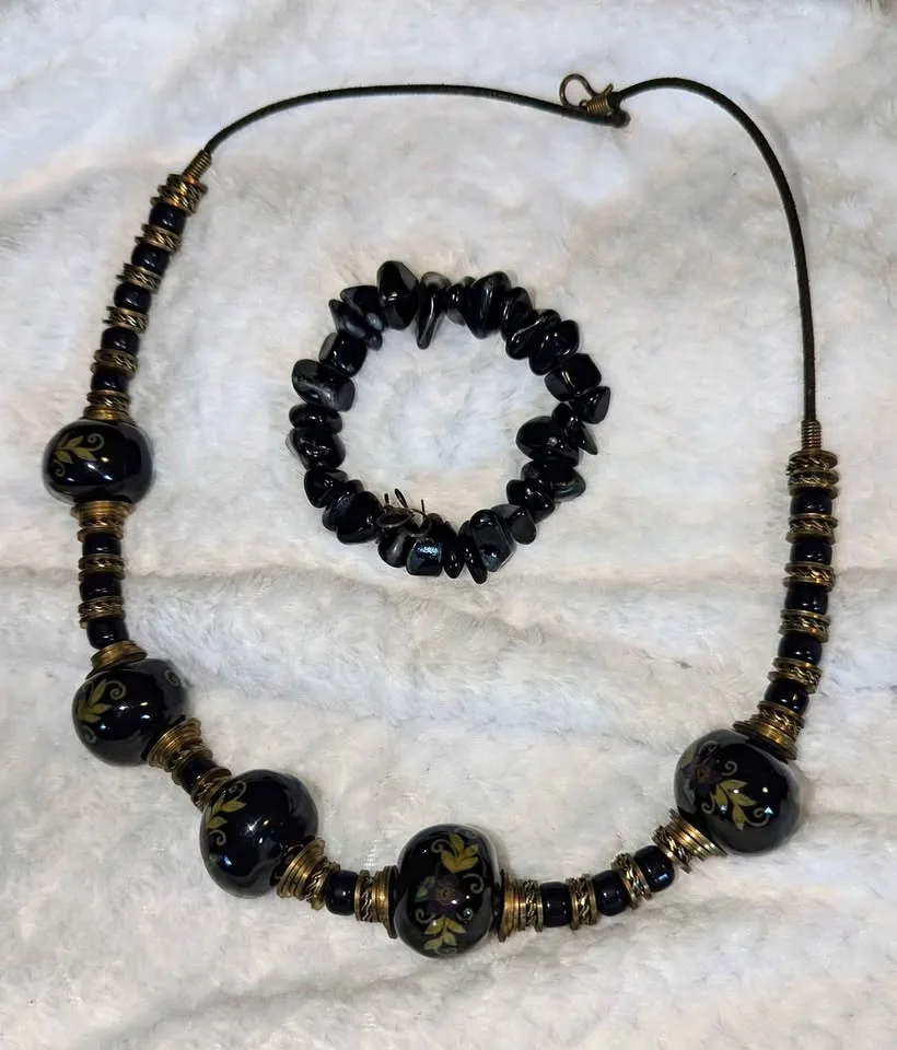 🖤 Vintage Black & Brass Boho Necklace + Bracelet Set thumbnail