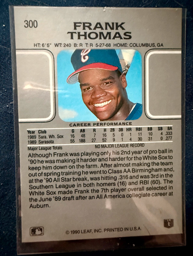 1990 Leaf Frank Thomas Rookie #300 Chicago White Sox MLB - photo 2