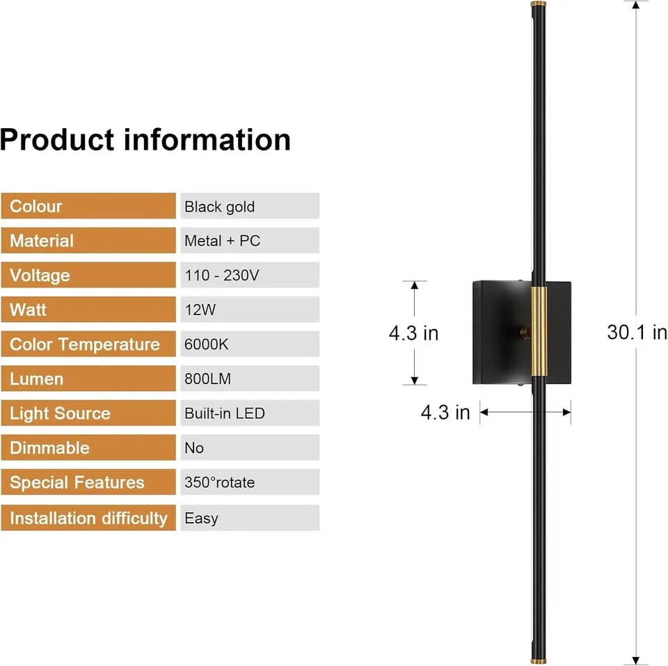 30.1 Inch Modern LED Hardwired Wall Scone, Black and Gold image indicator(4)