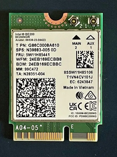 Intel BE200 NGW Wi-Fi 7 + Bluetooth 5.4 M.2 Card thumbnail