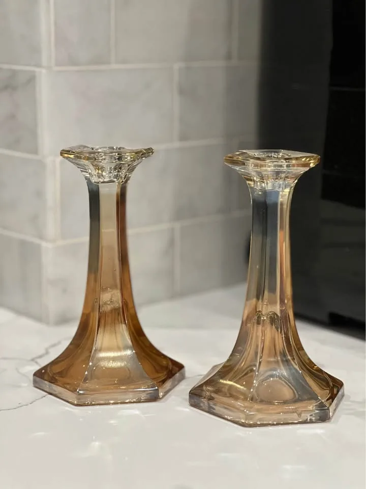 Pair of vintage Indiana carnival glass candle holders image indicator(3)