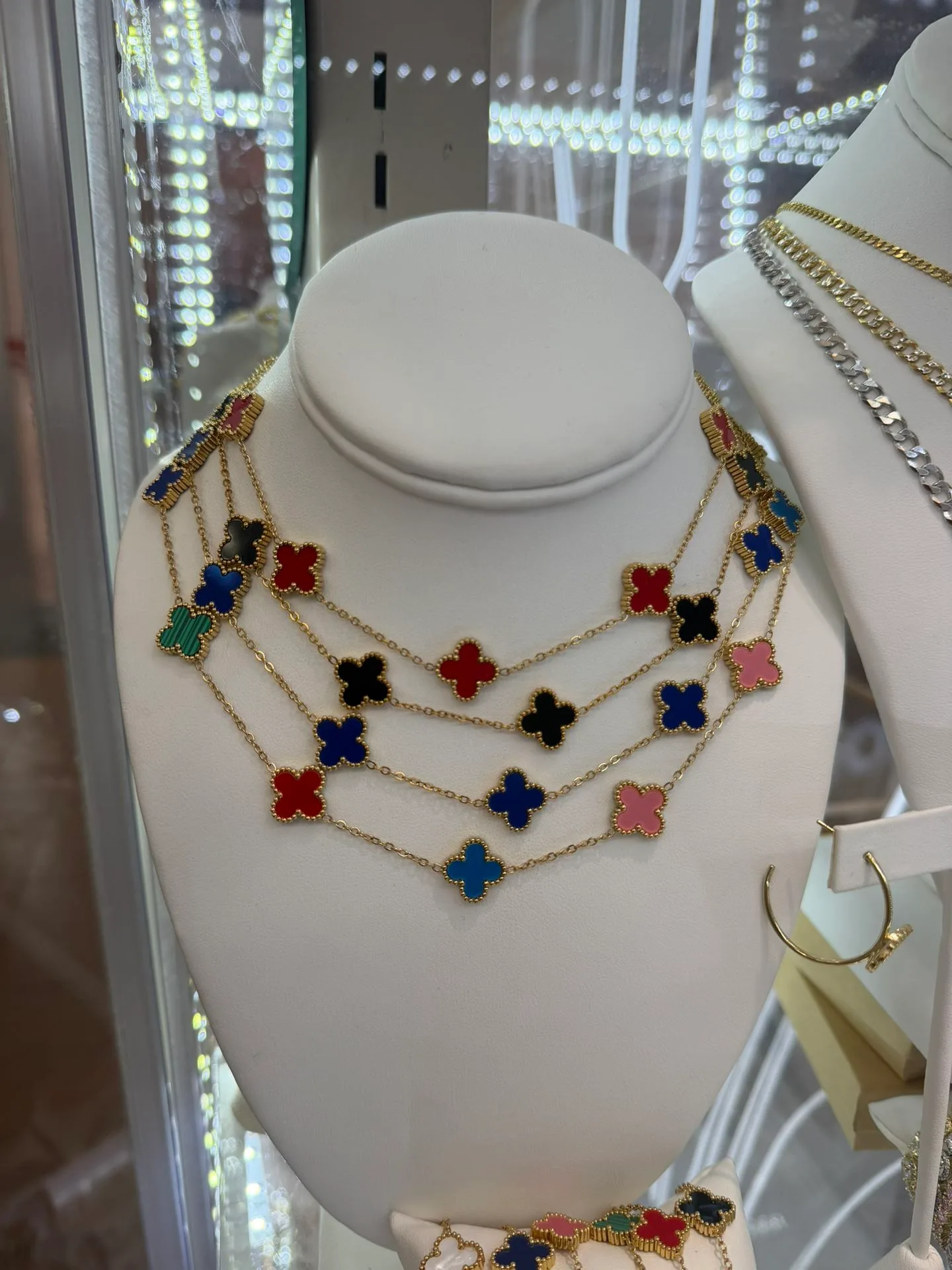 Bold Multi-Color Clover Charm Layered Necklace – Gold Finish thumbnail