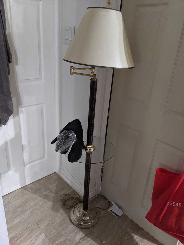 Brass & wood Floor Lamp with Glass Table