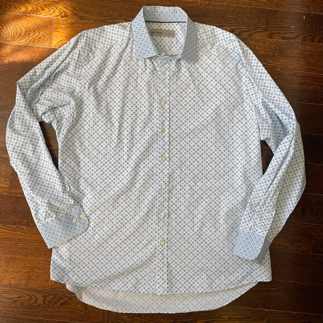 Etro long-sleeve Cotton shirt White with Blue Squares-Sz. 44-XL