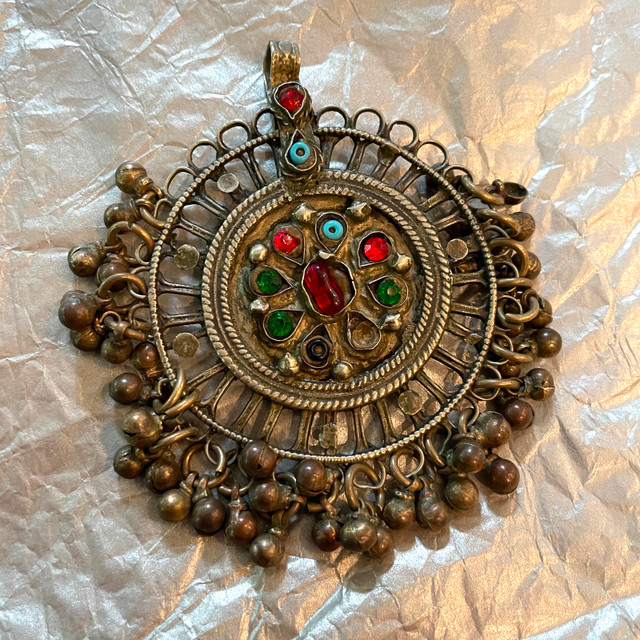 Rare vintage Afghani necklace pendant with beads + glass stone