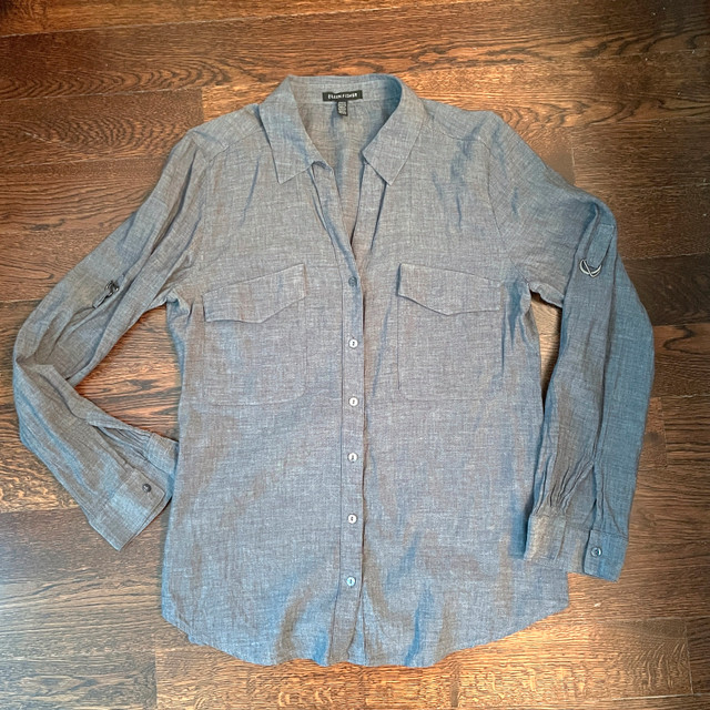 Eileen Fisher Grey Linen Cotton Blend Button Down Shirt-XS
