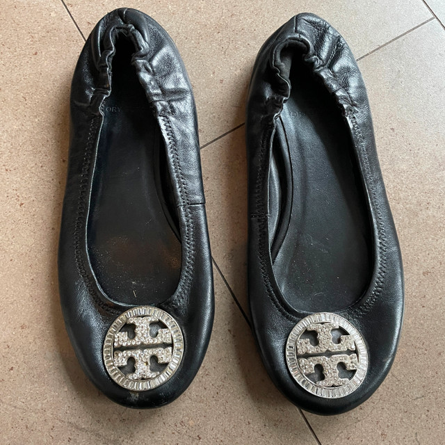 Tory Burch Black Rhinestone Logo Leather Ballet Flats 37