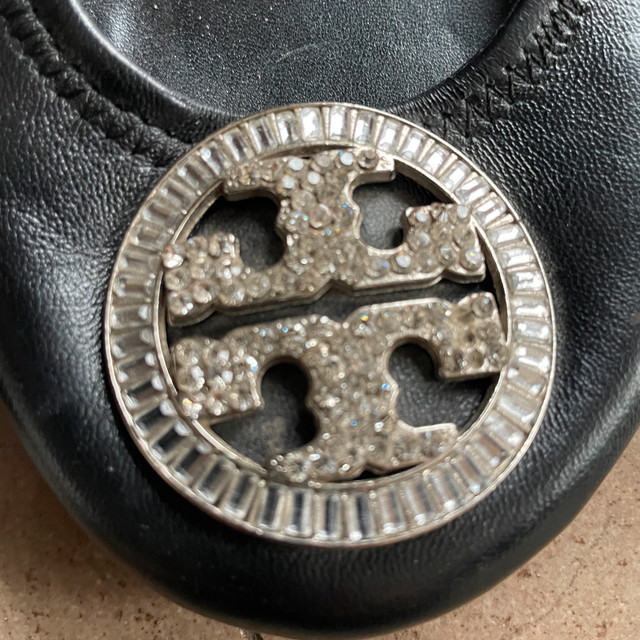 Tory Burch Black Rhinestone Logo Leather Ballet Flats 37 - photo 2