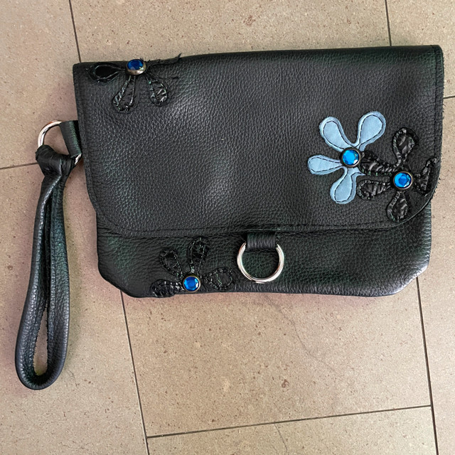 Navy Blue Leather Purse/Clutch with Flower Appliques