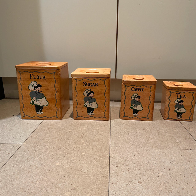 Vintage 50s 4 Handpainted Wood Nesting Canisters