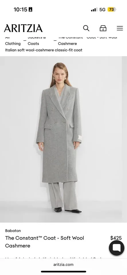 Aritzia Constant Coat - Soft Wool Cashmere Size S NWT image indicator(7)