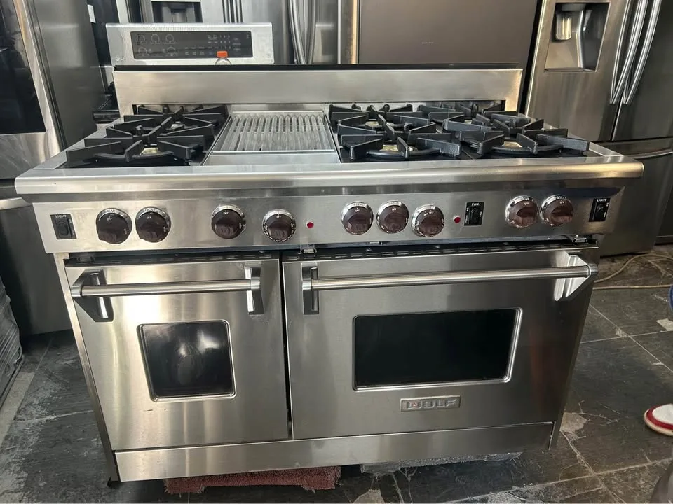 Wolf stove 48 wide silver 6 burners and 1 silver grill image indicator(2)