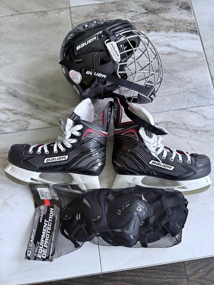 Youth Hockey Skates, Size US 8.5 + Protective Gear + Helmet