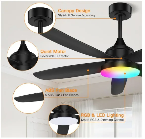 OUTON ceiling fan with light, remote, app control image indicator(5)