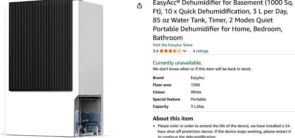Easyacc Dehumidifier 1000sq ft