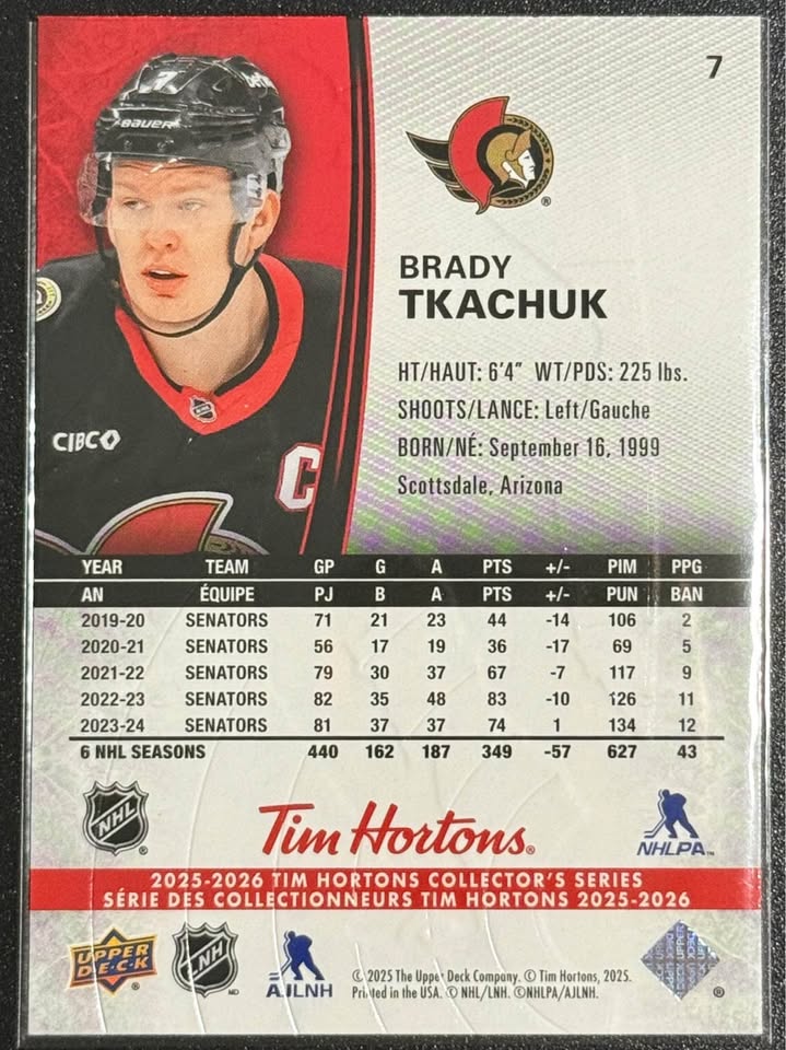 2025-2026 Upper Deck Tim Hortons Brady Tkachuk #7 - photo 2