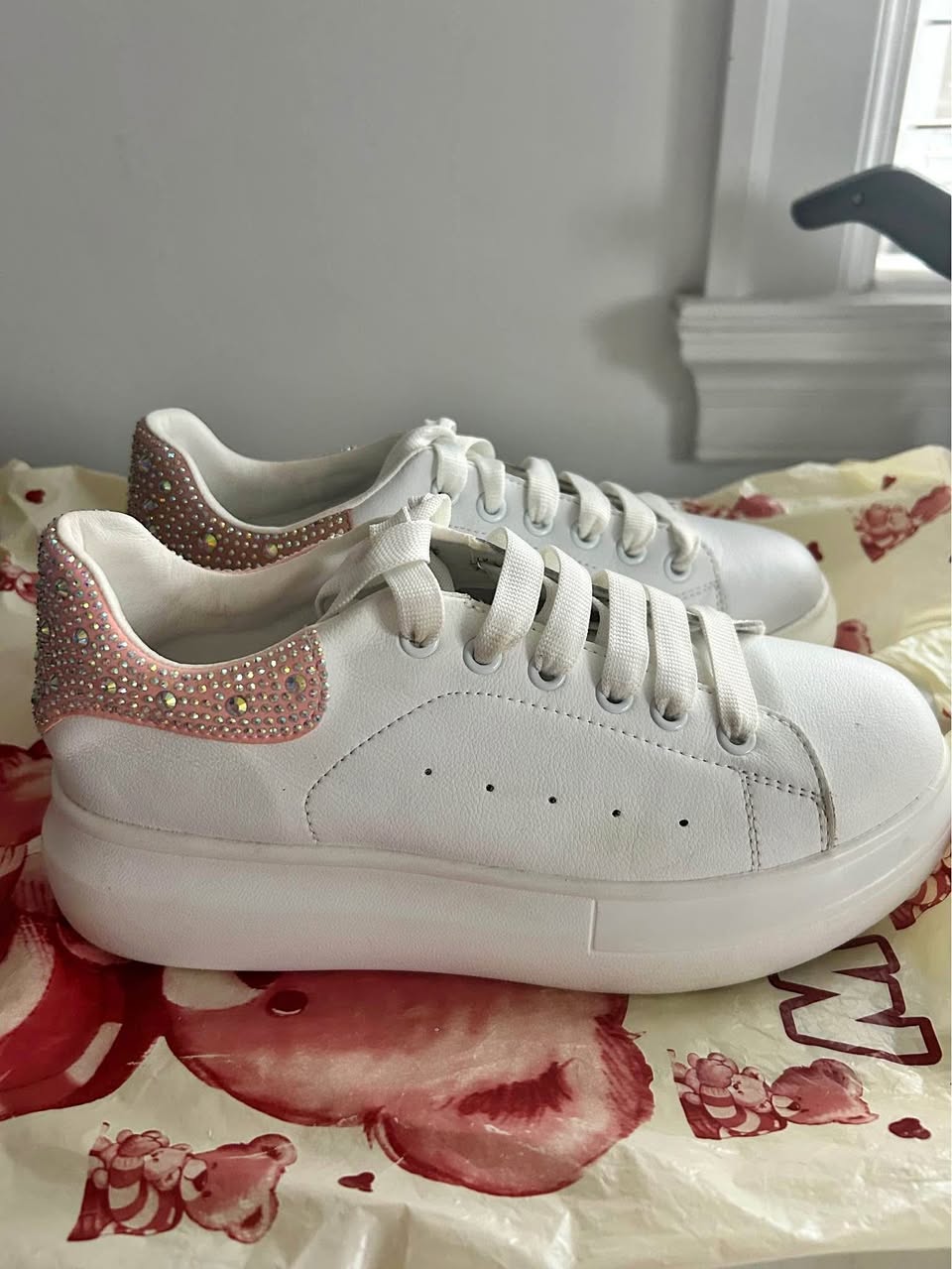 White Platform Sneakers w/ Pink Rhinestone Detail