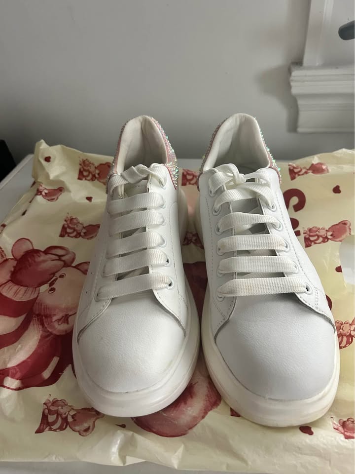White Platform Sneakers w/ Pink Rhinestone Detail - photo 2