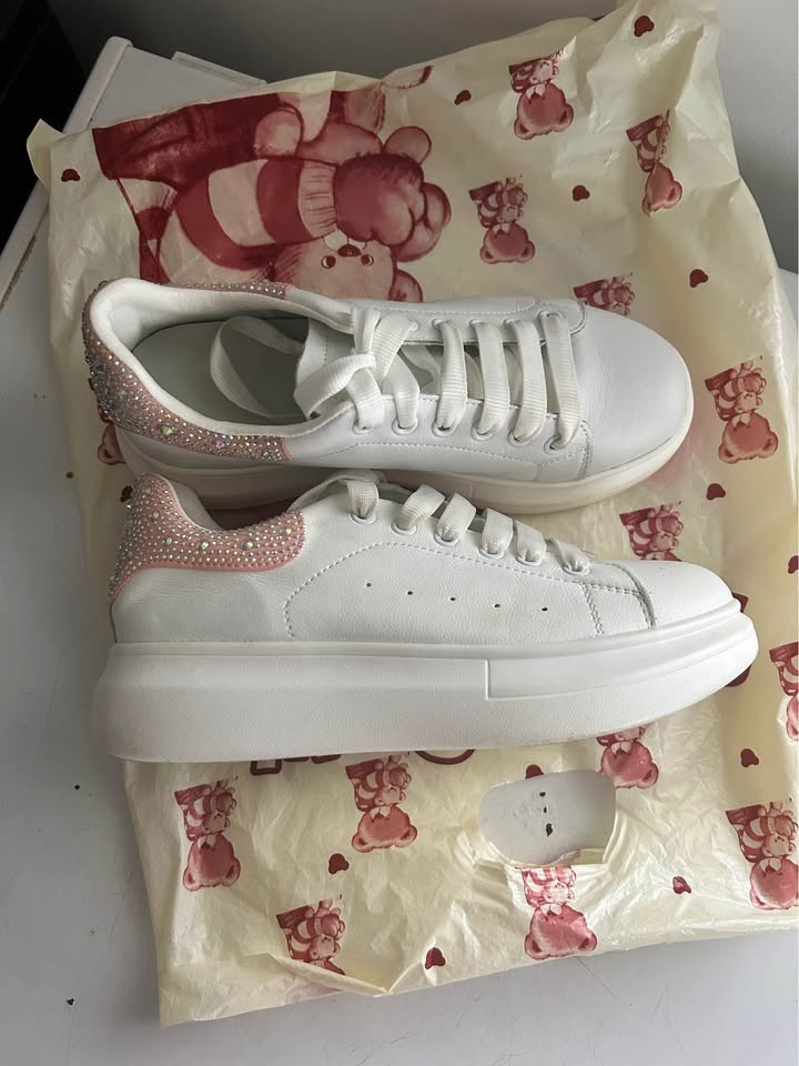White Platform Sneakers w/ Pink Rhinestone Detail - photo 4
