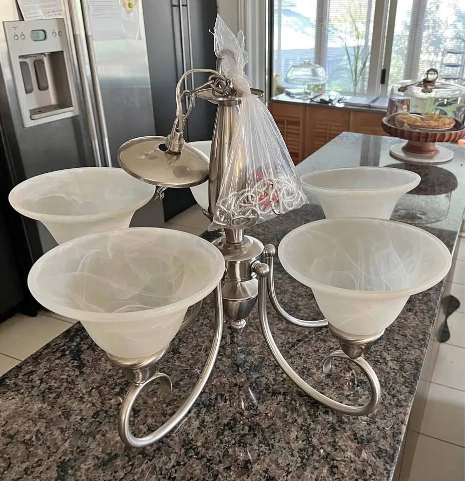 Art nuveau chandelier 5 lights with 5 blown glass shades