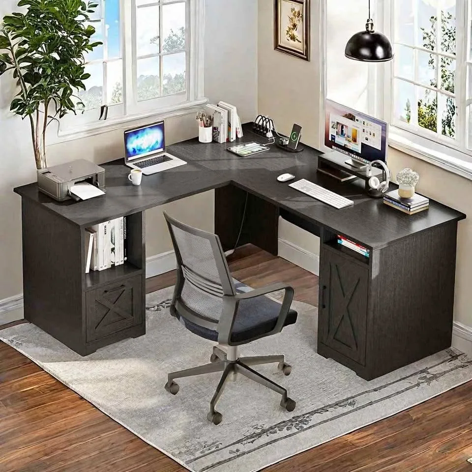 59" L Shaped Desk with Power Outlets & File Drawer thumbnail