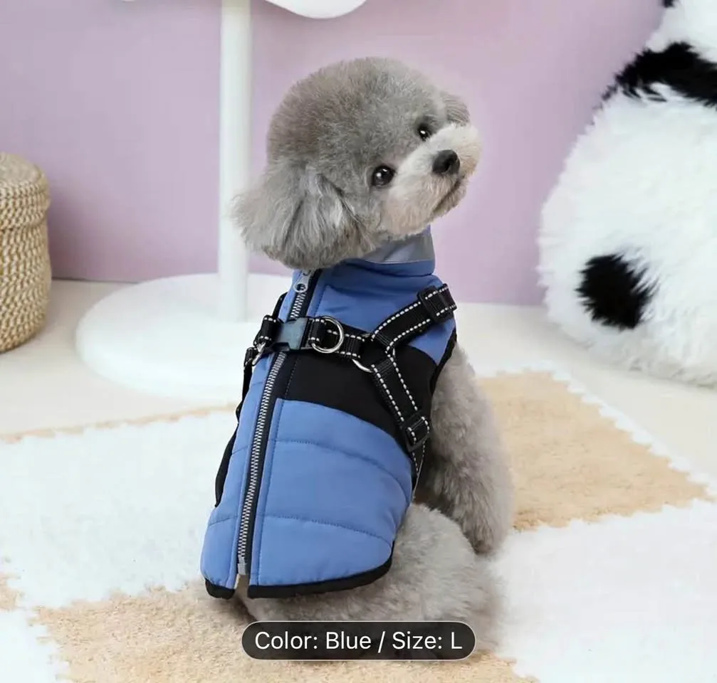 Blue doggy jacket with built in harness thumbnail
