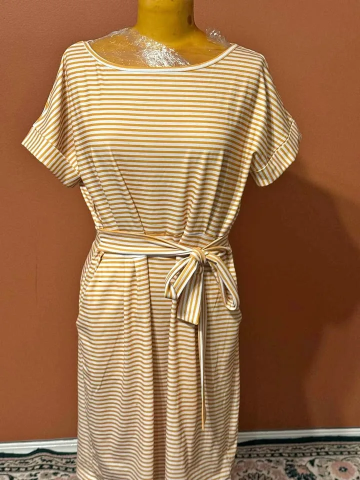 Brand New XL– Yellow & White Striped Belted Dress (Size XL) 💛🤍 thumbnail