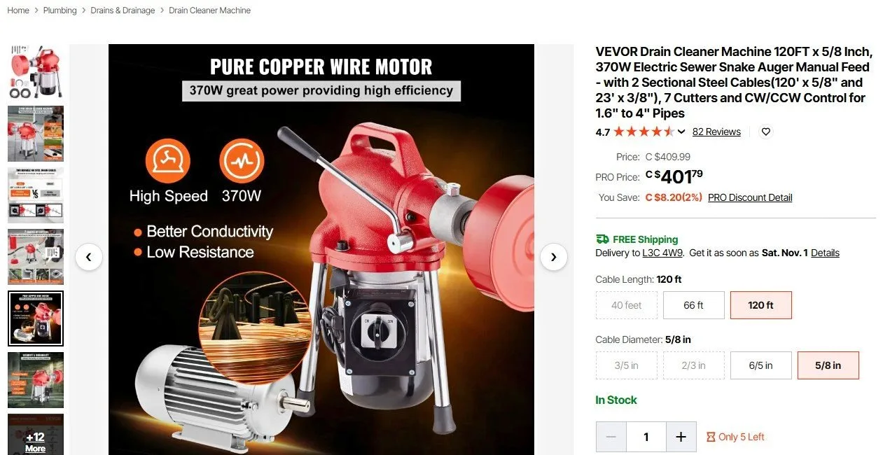 Vevor Drain Snake Machine with 2 Sectional Steel Cables thumbnail