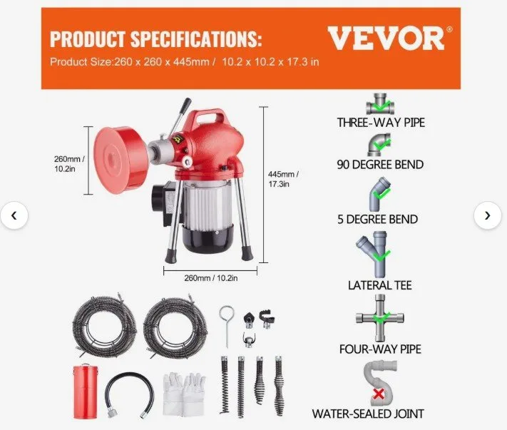 Vevor Drain Snake Machine with 2 Sectional Steel Cables image indicator(5)