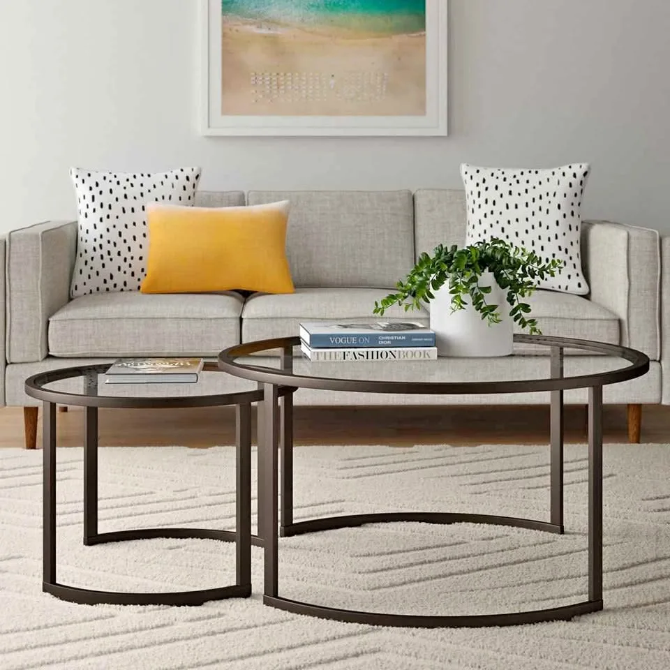 Kahoka 36" Round Steel and Glass Nesting Coffee Tables thumbnail