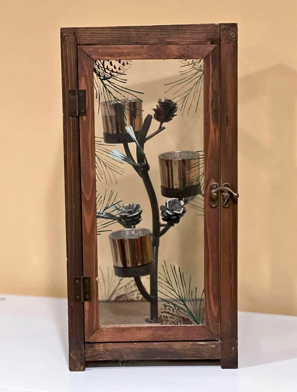 Wooden Candle Lantern with Pinecone Design