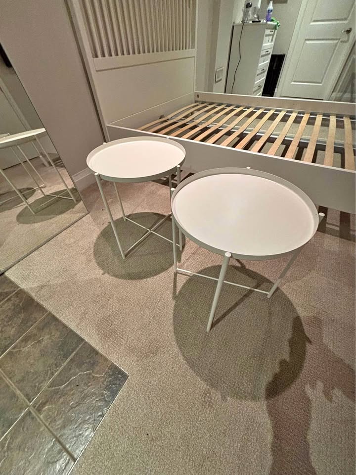 Two White Metal Nightstands with Detachable Plate Tops