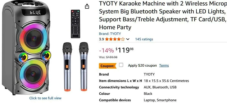 Karaoke machine / bluetooth speaker wireless with 2 microphones thumbnail