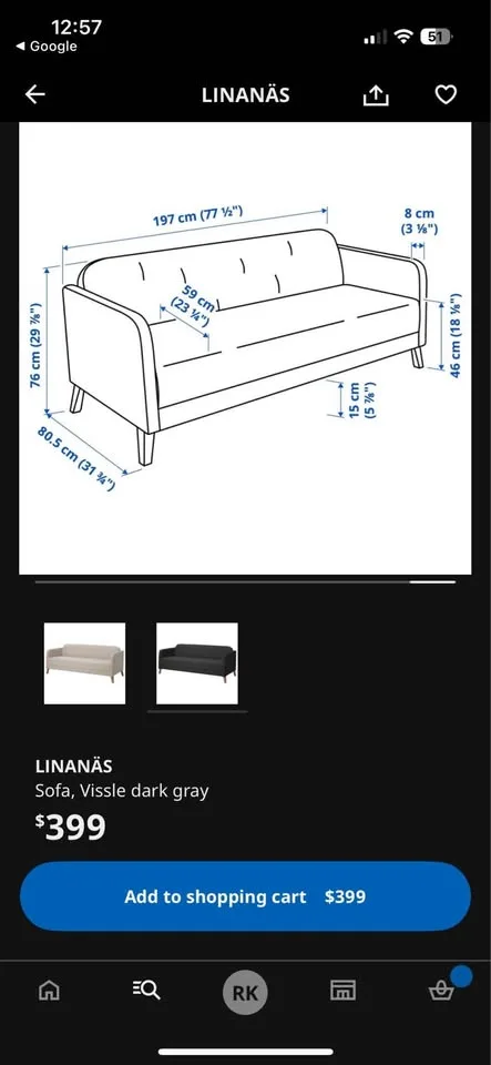 IKEA LINANÄS dark grey charcoal 3 seater couch image indicator(3)